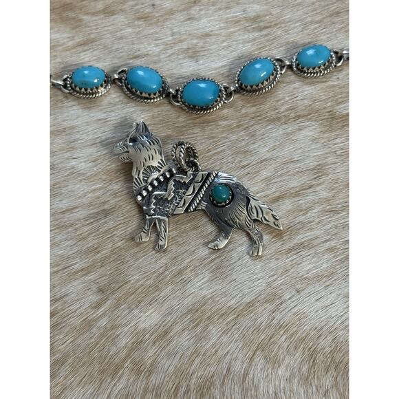 Southwest Jewelry - Native American 925 SW Sterling Silver Turquoise Husky Wolf Dog Pendant Detailed